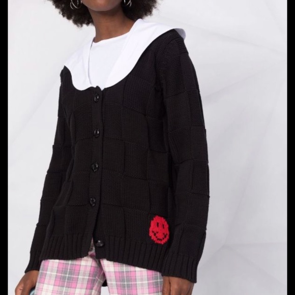 NWT GANNI Smiley Poplin-Collar Black Cardigan - Size Large - Picture 1 of 14